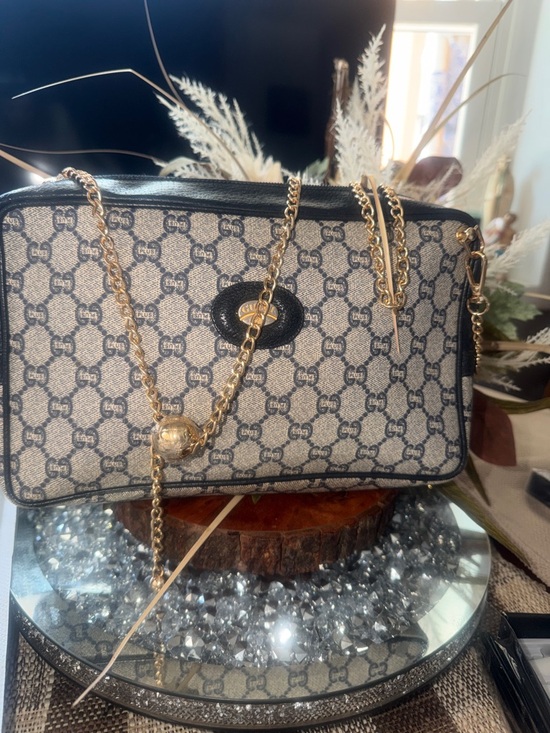 Gucci Handbags - Gucci Plus Beige and Black GG Canvas Chain Crossbody Bag with Gold Chain